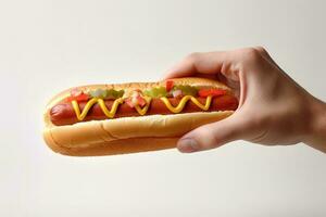 Hand holding tasty hot dog on a white background. ai generated photo