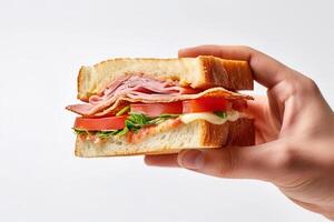 Hand holding tasty sandwich on a white background. ai generated photo