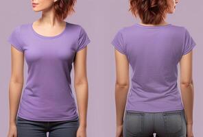 Photo realistic female purple t-shirts with copy space, front, and back view. ai generated