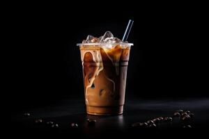 Iced coffee in plastic take-away glass isolated on dark background. ai generated photo