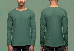 Man wearing a green T-shirt with long sleeves. Front and back view. ai generated photo