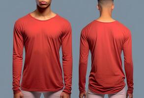 Man wearing a red T-shirt with long sleeves. Front and back view. photo