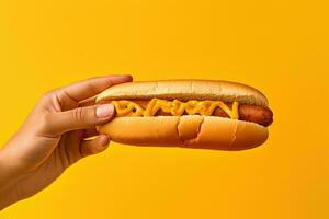 Hand holding tasty hot dog on a yellow background. ai generated photo