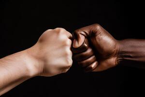 close up of a fist bump isolated on black background, hands and teamwork, support or collaboration for team building, solidarity or unity, hand connection, partnership or greeting. photo