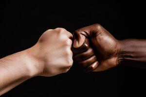 close up of a fist bump isolated on black background, hands and teamwork, support or collaboration for team building, solidarity or unity, hand connection, partnership or greeting. ai generated photo