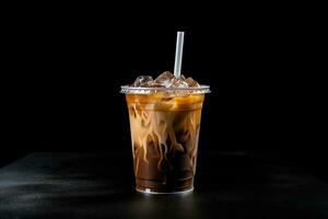 Iced coffee in plastic take-away glass isolated on dark background. ai generated photo