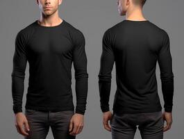 Man wearing a black T-shirt with long sleeves. Front and back view. ai generated photo