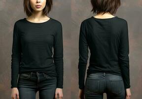 mujer vistiendo un negro camiseta con largo mangas frente y espalda vista. ai generado foto