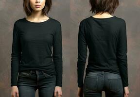 Woman wearing a black T-shirt with long sleeves. Front and back view. ai generated photo