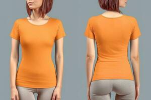 Photo realistic female orange t-shirts with copy space, front, and back view. ai generated