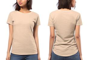 Photo realistic female beige t-shirts with copy space, front, and back view.