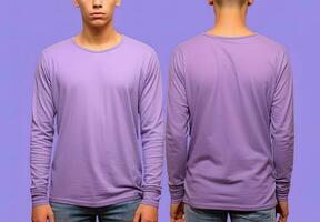 hombre vistiendo un púrpura camiseta con largo mangas frente y espalda vista. ai generado foto