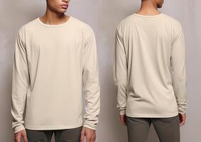 Man wearing a beige T-shirt with long sleeves. Front and back view. ai generated photo