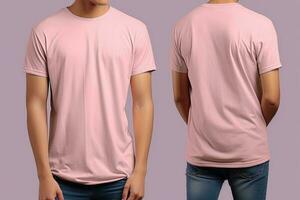 Photo realistic male pink t-shirts with copy space, front, and back view. ai generated