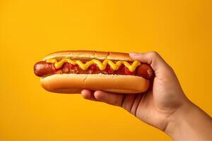 Hand holding tasty hot dog on a yellow background. ai generated photo