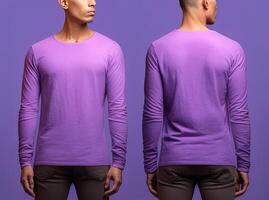 Man wearing a purple T-shirt with long sleeves. Front and back view. ai generated photo