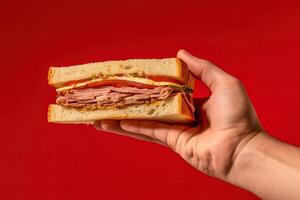 Hand holding tasty sandwich on a red background. ai generated photo