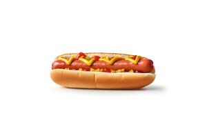 Hot dog with mustard and ketchup isolated on a white background. photo