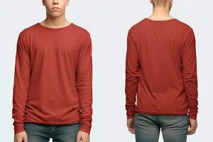 Man wearing a red T-shirt with long sleeves. Front and back view. ai generated photo