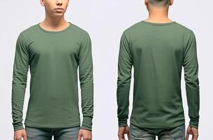 Man wearing a green T-shirt with long sleeves. Front and back view. photo