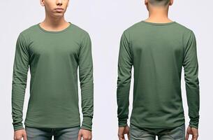 Man wearing a green T-shirt with long sleeves. Front and back view. ai generated photo