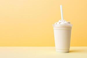 Vanilla milkshake in plastic takeaway cup isolated on pastel background with copy space. ai generated photo