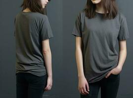 Photo realistic female grey t-shirts with copy space, front, and back view. ai generated