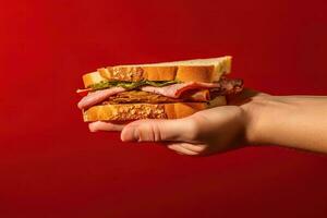 Hand holding tasty sandwich on a red background. ai generated photo