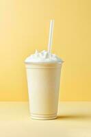 Vanilla milkshake in plastic takeaway cup isolated on pastel background. ai generated photo