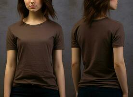 Photo realistic female brown t-shirts with copy space, front, and back view. ai generated
