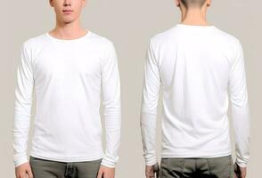 Man wearing a white T-shirt with long sleeves. Front and back view. ai generated photo