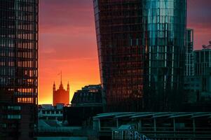 House of Lords tower in London at sunset. photo