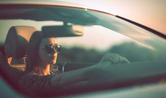 joven mujer vistiendo lentes detrás el rueda de un convertible durante puesta de sol. foto