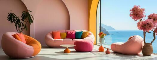 Modern living room. Colorful Minimalism - Elegant and Natural Interiors with Sea View. Generative AI, photo