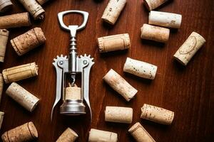 Corkscrew and wine corks on wooden table. Closeup photo. Vintage colors. photo