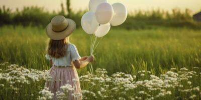 contento niño jugando con brillante multicolor globos exterior. niño teniendo divertido en flor jardín en contra crepúsculo cielo antecedentes. vacaciones y viaje concepto, generativo ai foto