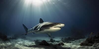 un depredador genial blanco tiburón nadando en el océano, generativo ai foto