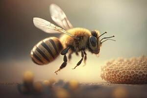 Honeybee flying. honeybee macro, flying honey bee. photo