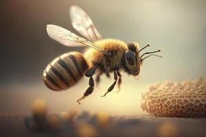 Honeybee flying. honeybee macro, flying honey bee. Generative AI photo