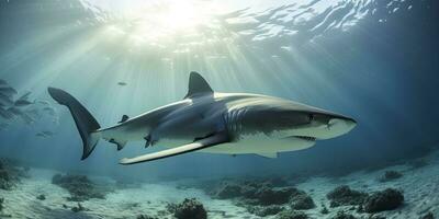 A predator great white shark swimming in the ocean, Generative AI photo