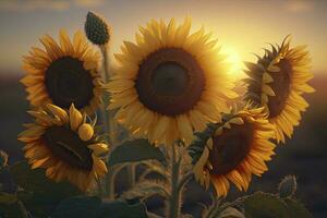 Sunflower cultivation at sunrise, Generate AI photo