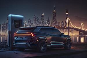 Electric SUV car charging its battery, with the charging equipment , and the background of a city view at night, Generative AI photo