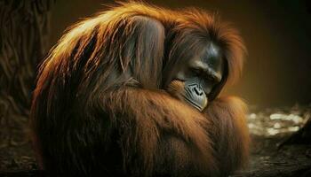 Sad Orangutan from Borneo, Sleep Orangutan, Generative AI photo