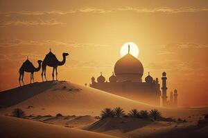 Ramadan background, mosque with a beautiful desert landscape background, Generative AI photo