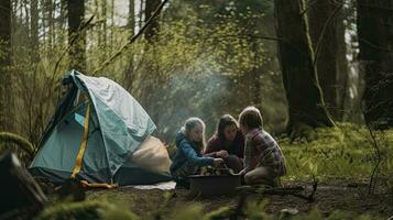 Happy family on a picnic sit by the fire near the tent Camping, recreation, hiking, Generative AI photo