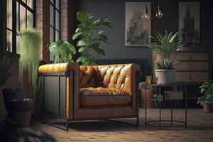 Living room in industrial style with sofa, Generative AI photo