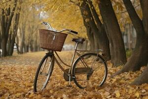 un bicicleta es debajo el arboles durante otoño estación, hermosa paisaje imagen con bicicleta debajo el árbol foto