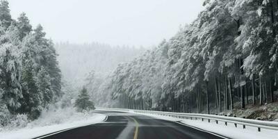 invierno la carretera y arboles con nieve paisaje, generativo ai foto