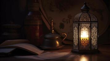 Ornamental Arabic lantern with burning candle, invitation for Muslim holy month Ramadan Kareem, Festive Getting Card, generative AI photo