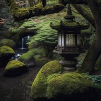 Japanese Zen Garden, The image includes a waterfall flowing in the background with moss covered lantern standing in the foreground, photo